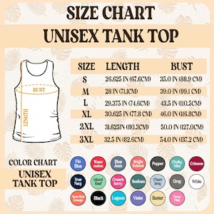 May include: A size and color chart for a unisex tank top. The size chart lists lengths and bust measurements in inches and centimeters for sizes S through 3XL. The color chart displays twenty-two circular color swatches with names like Flo Blue, Watermelon, Blue Jean, Bright Salmon, Pepper, Chalky Mint, Crimson, True Navy, Island Reef, Crunchberry, Seafoam, Chambray, Grey, White, Neon Red Orange, Black, Lagoon, Violet, Butter, and Neon Pink.