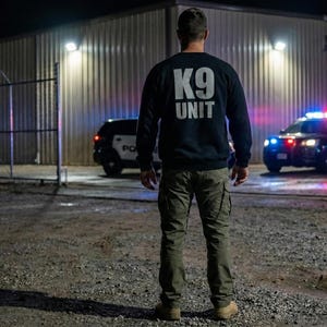 May include: A person wearing a navy blue sweatshirt with "K9 UNIT" printed on the back, standing in front of a building and police cars with flashing lights. The scene is lit by overhead lights and the night sky.