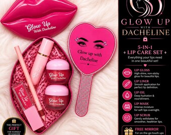 Kit da 5 pezzi: lucidalabbra, olio per labbra, matita per labbra, scrub e maschera, specchietto incluso.