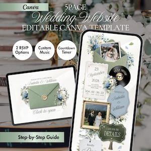 Puede incluir: Una plantilla digital de sitio web de bodas de 5 páginas para Canva que presenta un sobre verde salvia con sello de cera, detalles florales, un temporizador de cuenta regresiva y opciones de música personalizada con espacios para fotos.