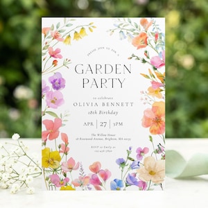 May include: A white invitation card with the text "GARDEN PARTY" and floral watercolor illustrations in pink, yellow, orange, and purple. The invitation is for Olivia Bennett's 18th birthday on 27th April at 3 PM.