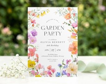 Plantilla de invitación para fiesta de cumpleaños con jardín de flores silvestres vibrantes, fiesta de pradera floral en acuarela, invitación brillante y colorida, editable en Canva, 5x7