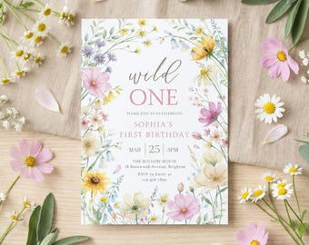 May include: A floral-themed invitation card with the text "wild ONE" and details for a first birthday celebration. The card features watercolor illustrations of pink, yellow, and purple flowers, with green foliage. The invitation includes the date, time, and location.