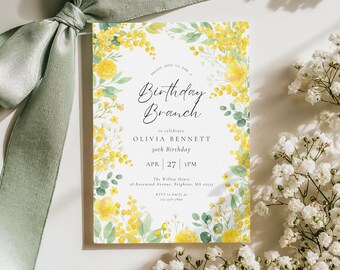 Yellow Mimosa Birthday Brunch Invitation, Watercolor Floral Spring Invite (Canva Template)