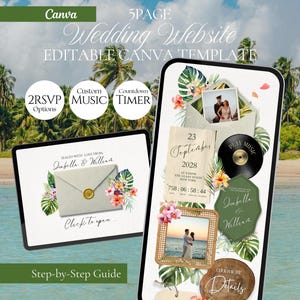 May include: A digital 5-page wedding website Canva template displayed on a tablet and smartphone. The design features tropical monstera leaves, hibiscus flowers, a wax-sealed envelope, a vinyl record, and photo frames with text details.