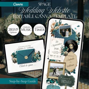 Deep Teal Champagne Gold Wedding Website Canva Template, Interactive Digital Invitation (RSVP, Music, Countdown)