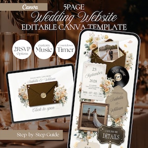 Könnte beinhalten: Eine 5-seitige, bearbeitbare Canva-Vorlage für eine Hochzeitswebsite, dargestellt auf einem Tablet und Smartphone. Das Design umfasst florale Akzente, einen braunen Umschlag mit Wachssiegel, einen Countdown-Timer, Musikplayer und Fotorahmen mit Text.