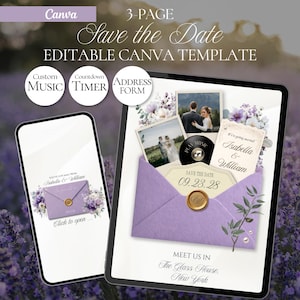 Könnte beinhalten: Eine 3-seitige digitale Save-the-Date-Canva-Vorlage auf einem Tablet und Smartphone. Das Design zeigt einen lavendelfarbenen Umschlag, florale Akzente, Fotos eines Paares, ein Musiksymbol und Text, darunter Isabella & William sowie das Datum 09.23.28.