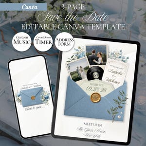 May include: A digital Save the Date Canva template displayed on a tablet and smartphone. The design features a blue envelope with a gold wax seal, floral accents, two photographs of a couple, a vinyl record icon, and text including 09.28.28.