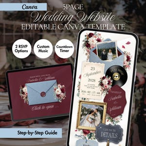 May include: A 5-page wedding website editable Canva template displayed on a tablet and smartphone. The design features floral accents, a blue envelope with a wax seal, a countdown timer, and placeholders for photos of a couple, Isabella and William.