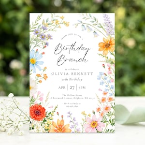 Invitación a brunch de cumpleaños con flores silvestres en acuarela, invitación a fiesta floral de pradera (descarga digital)