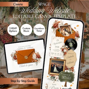 Terracotta Wedding Website Template, Romantic Canva Digital Invitation with RSVP, Music, Countdown & Envelope Opening