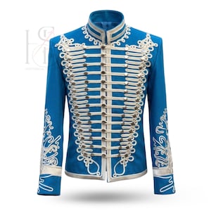 May include: A vibrant blue military-style jacket with a high collar and intricate white and silver embroidery. The jacket features rows of decorative buttons and detailed embellishments along the sleeves and front.