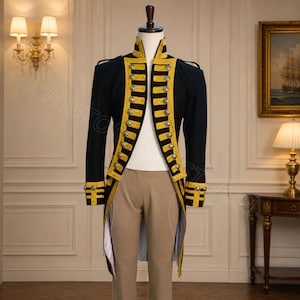 Frac da ammiraglio della Royal Navy britannica dell'epoca napoleonica / Cappotto militare in lana nera / Uniforme da ufficiale del periodo Regency / Costume per rievocazioni storiche