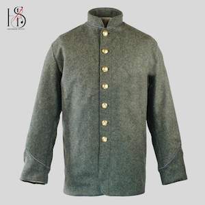 Civil War Wool Grey CS Infantry Sack Coat – Confederate Reenactment Jacket, Piping Collar & Cuff | Historical Military Uniform Coat