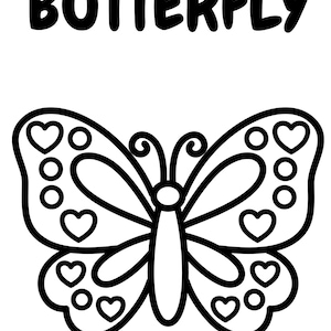Può includere: Illustrazione in bianco e nero di una farfalla con la scritta "BUTTERFLY" sopra. Le ali della farfalla sono decorate con cuori e cerchi, e ha delle antenne.