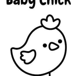 Op de afbeelding: Een zwart-wit illustratie van een kuiken. Het kuiken heeft een afgerond lichaam, een kleine vleugel en een driepuntige kam. De tekst "Baby Chick" staat boven het kuiken.