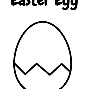 May include: A black and white illustration of an Easter egg. The egg is outlined in black, with a jagged line near the bottom, suggesting a cracked shell. The words "Easter Egg" are written above the egg in a bold, rounded font.