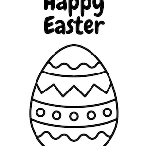 Puede incluir: Ilustración en blanco y negro de un huevo de Pascua con patrones decorativos. El huevo tiene líneas onduladas, zigzags y círculos. Las palabras "Felices Pascuas" están escritas encima del huevo en negrita.