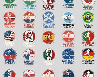 Ensemble PNG équipes de pays de la Coupe du monde 2026, dessins de pays de football international, typographie de football WC 2026 PNG, pack de conception de fan de football