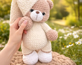 Soft Bunny Amigurumi Crochet PDF Pattern, Amigurumi Rabbit Toy with Long Ears, Chenille/Velvet Yarn, Digital Download