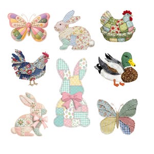 May include: A collection of colorful fabric patchwork animal figures, including butterflies, rabbits, chickens, and a duck. The figures are made from various patterned fabrics in pastel colors, with details like bows and a basket.