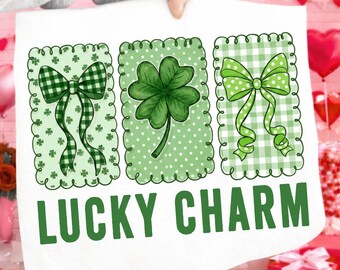Lucky Charm St Patrick’s Day PNG, Shamrock & Green Bow Clipart, Gingham Coquette Irish Sublimation Design, St. Pattys Day png