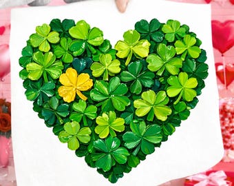 St. Patrick’s Day Shamrock Heart PNG, Lucky Clover Heart Clipart, Green Irish Leaves, St Patrick's Day png, Shamrock png, Retro Lucky png