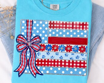Patriotic USA Flag Bow PNG, 4th of July Sublimation Design, Red White Blue Floral Flag, Independence Day Shirt Design, Digital Download
