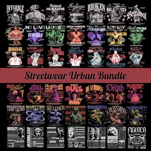 Może przedstawiać: Czarny projekt graficzny przedstawiający kolekcję projektów streetwear z różnymi motywami i tekstem. Projekty obejmują ilustracje posągów, postaci i tekstów takich jak "Invisible", "Broken" i "Streetwear Urban Bundle".