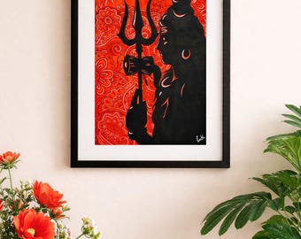 Shiva Leinwand Gemälde (Wand Kunst Meditation Raum spirituelle Dekor) Acryl Porträt Lord Silhouette Design