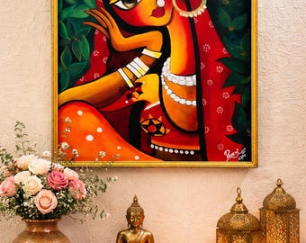 Rajasthani-dame volkskunst schilderij | Handgemaakte Indiase culturele muurdecoratie