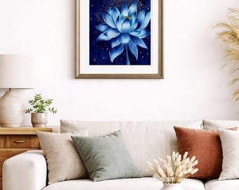 Blue Lotus Mandala Painting, Spiritual Acrylic Wall Art, Boho Meditation Decor