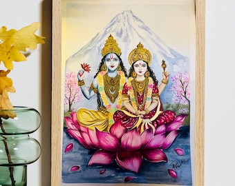 Vishnu Lakshmi Lotus Painting | Hindu God Couple Wall Art | Laxmi Narayan Artwork |