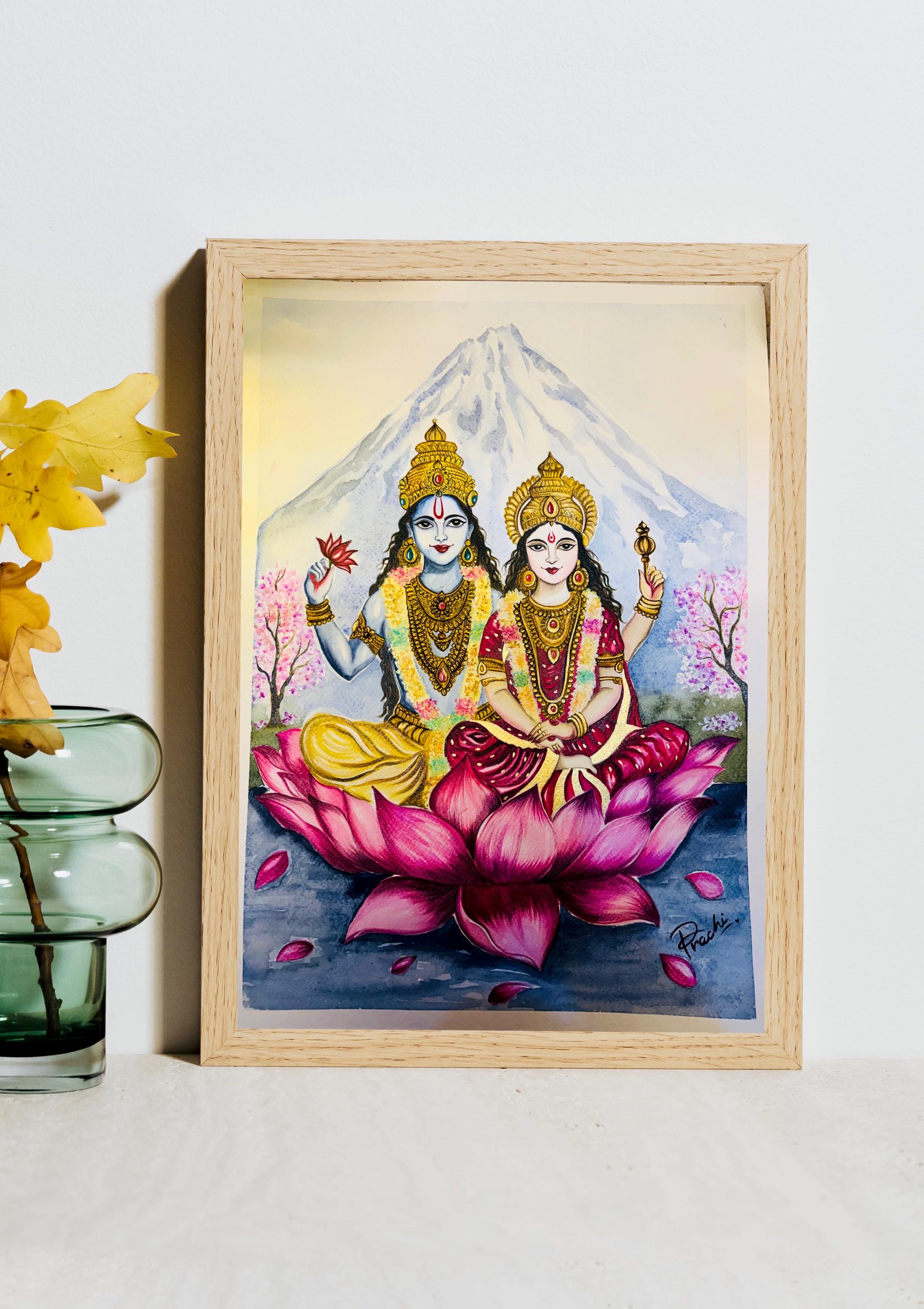 Vishnu Lakshmi Lotus Painting | Hindu God Couple Wall Art | Laxmi ...