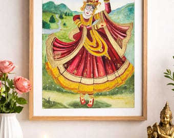 Hand-painted Lord Krishna Dancing Painting | Acrylic Canvas Raas Leela Artwork