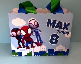 Personalized Spidey Favor Box, Spiderman Birthday Party Favor Bag, Custom Spidey and Friends Treat Box with Name and Age for Kids  Candy Bag