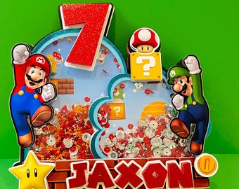 Personalized  Mario Bros Birthday Cake Topper with Luigi SHAKER