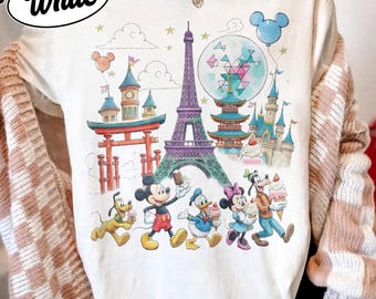 Comfort color Mickey & Friends Disney Epcot Shirt, Epcot World Tour 2026, Disneyland Family Vacation, Snacks Drinking Around The World Shirt