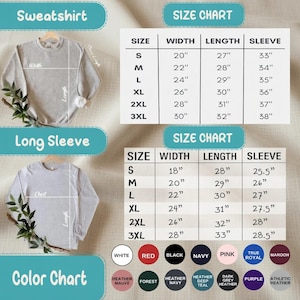 May include: The image presents size charts for sweatshirts and long-sleeved tops, detailing measurements in inches for width, length, and sleeve. A colour chart shows options including white, red, and navy.