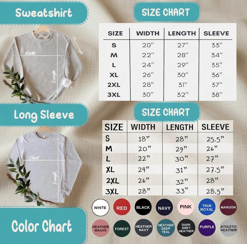 May include: The image presents size charts for sweatshirts and long-sleeved tops, detailing measurements in inches for width, length, and sleeve. A colour chart shows options including white, red, and navy.