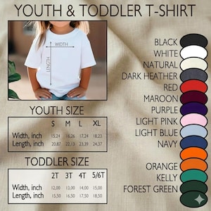 May include: A white youth t-shirt with size and colour options. The image shows a child wearing the shirt, with measurements in cm for youth and toddler sizes. Available colours include black, white, and navy.
