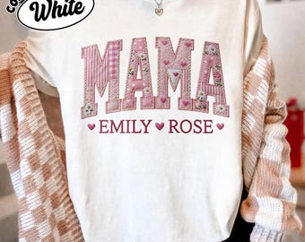 Personalized Mama Shirt With Kids Names, Floral Patchwork Mom Tee, Mother's Day Gift For Mom, Birthday Gift, New Mom Gift, First Time Mom