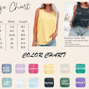 May include: A size and color chart for Comfort Colors 9360 tank tops. The chart shows sizes S to 3XL with width and length measurements in inches. Color swatches include Blossom, Blue Jean, Orchid, Crunchberry, Butter, Ivory, Seafoam, Grey, Sand Stone, Chalk Mint, White, and Black.