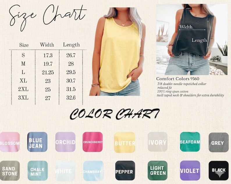 May include: A size and color chart for Comfort Colors 9360 tank tops. The chart shows sizes S to 3XL with width and length measurements in inches. Color swatches include Blossom, Blue Jean, Orchid, Crunchberry, Butter, Ivory, Seafoam, Grey, Sand Stone, Chalk Mint, White, and Black.