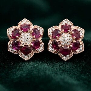 Ruby Flower Cluster Earrings 14K Gold Plated Silver Sophisticated Anniversary Gemstone Jewelry Gift Her.