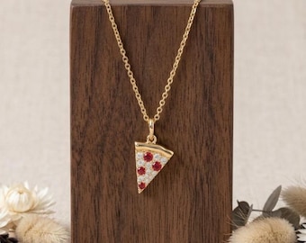 Pizza Slice Necklace Gold, Diamond Garnet Pendant 925 Sterling Silver 14K Gold Plated Cute Food Jewelry Dainty Gift for Her