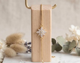 Flower Bracelet 14K Gold Plated 925 Silver, Diamond Floral Slider Bracelet, Dainty Bracelet Gift for Her