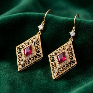 May include: A pair of gold drop earrings featuring a diamond-shaped frame with intricate filigree metalwork. Each earring centers a faceted red gemstone surrounded by a border of small white stones, with a single white stone on the hook.