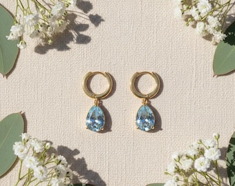 Blue Topaz Drop Hoop Earrings 14K Gold Plated 925 Sterling Silver, Simulated Blue Topaz Teardrop Earrings, Gift for Her